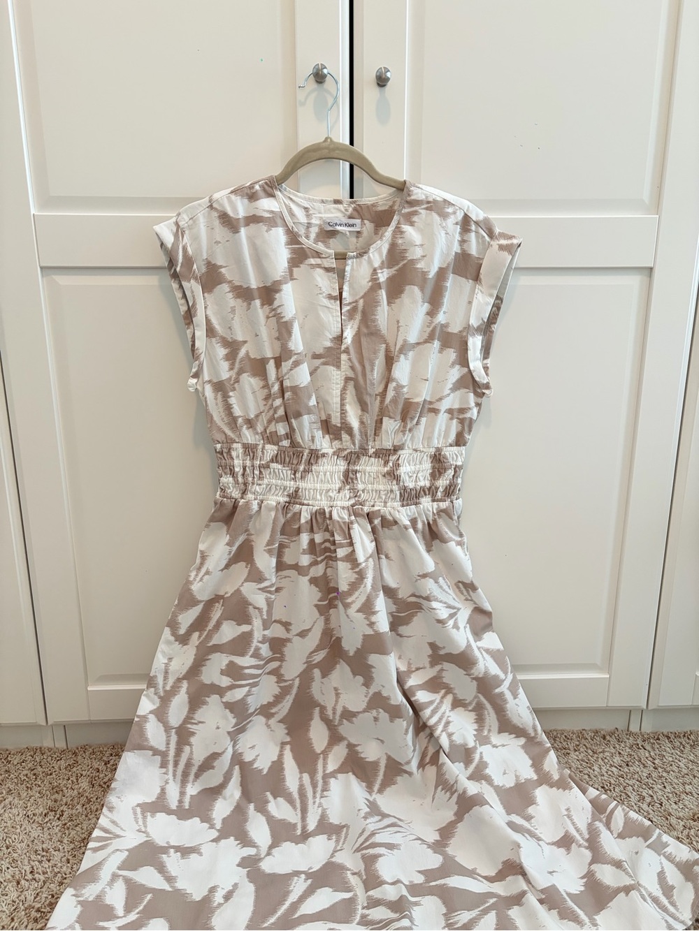 Calvin Klein Taupe and White Floral Tie-Waist Dress